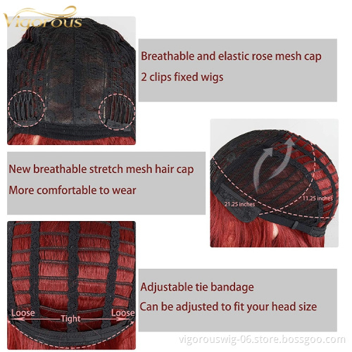 Vigorous wholesale cheap short wave burgundy color glueless synthetic hair wigs cosplay with bangs for black white women  hair